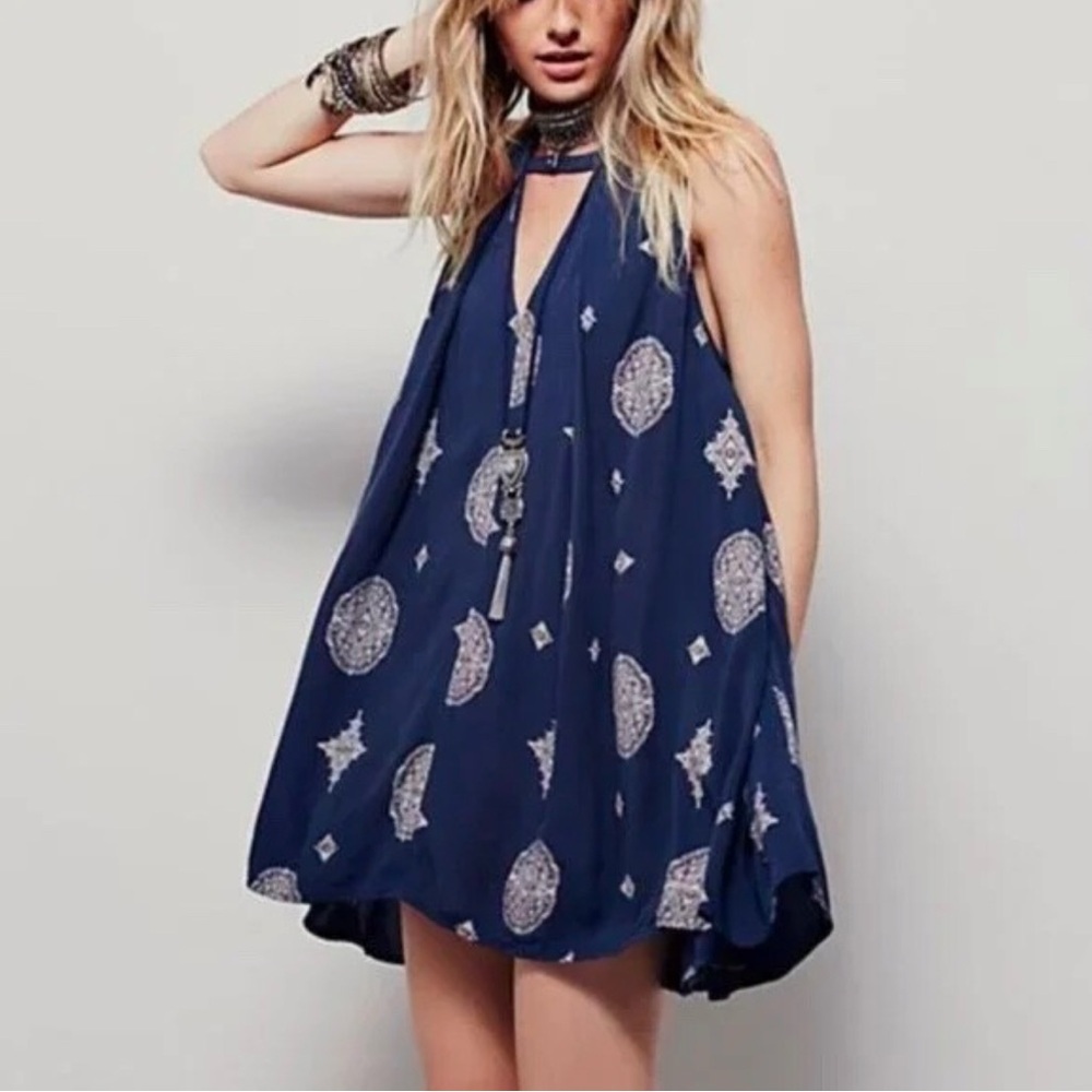 Free People Tree Swing Medallion Print Navy Blue Sleeveless Mini Dress Tunic S
